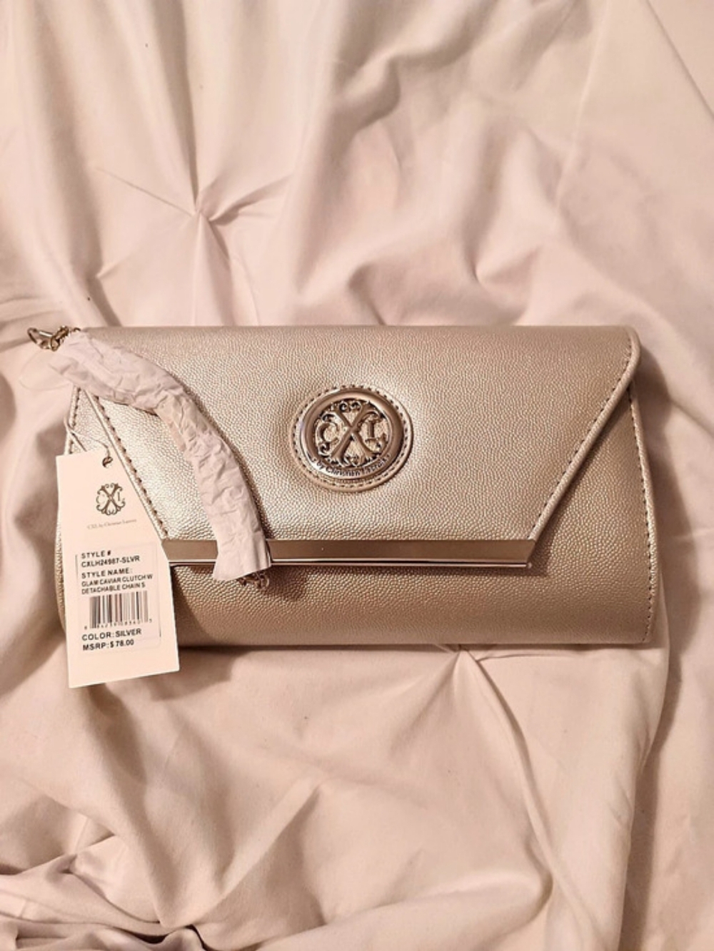 CXL by Christian Lacroix Glam Caviar Envelope Clutch W Detachable Chain
